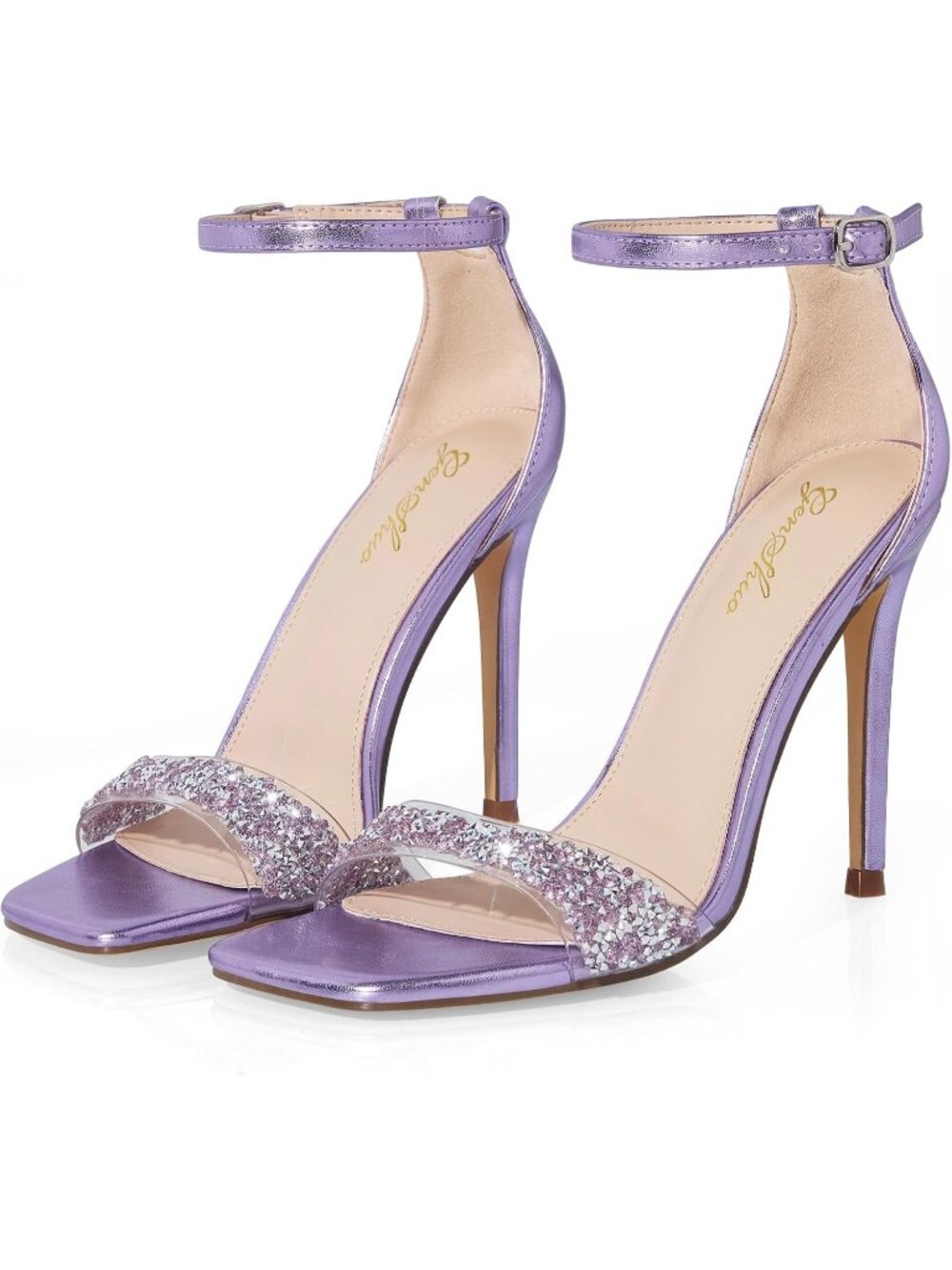 Women's Light Purple 4 Inch Stiletto Ankle Strap Square Open Sexy Heeled Sandals